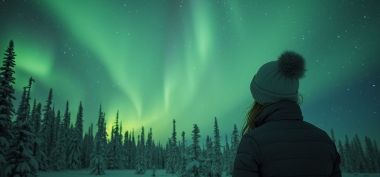 A woman in a coat and hat watching the aurora borealis illustrates the question "When will we see the northern lights again?"