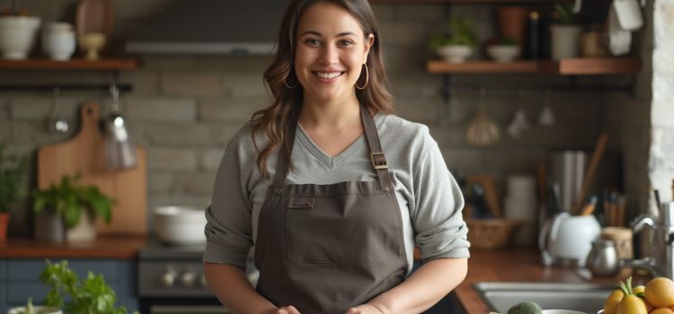 A smiling woman wearing an apron in a kitchen illustrates batch cooking meals