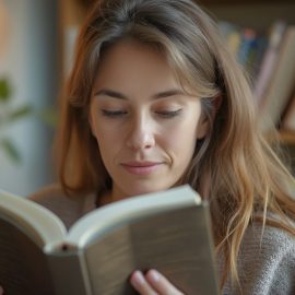 A brown-haired woman reading a book with a bookshelf in the background