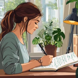 A cartoon image of a young woman writing in a notebook at a desk to measure her progress