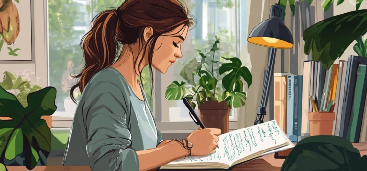 A cartoon image of a young woman writing in a notebook at a desk to measure her progress