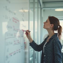 A woman looking thoughtfully at writing on a whiteboard in an office illustrates identifying and testing product assumptions