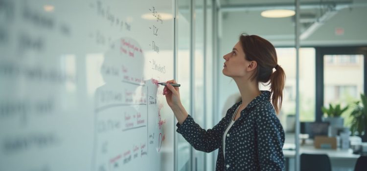 A woman looking thoughtfully at writing on a whiteboard in an office illustrates identifying and testing product assumptions