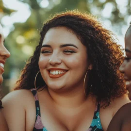 Three women celebrating female body positivity with each other