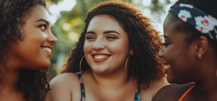 Three women celebrating female body positivity with each other