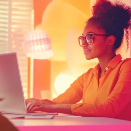 A woman working at her desk for a self-sustaining business