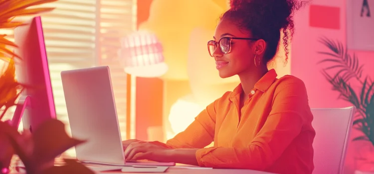 A woman working at her desk for a self-sustaining business