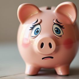 A piggy bank with a worried look on its face illustrates the effects of inflation on people