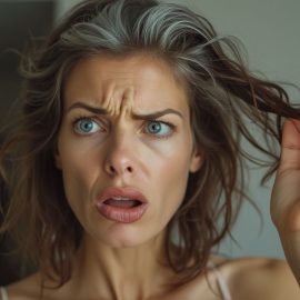 A woman with a shocked and annoyed expression looking in the mirror at her graying hair depicts physical changes in midlife