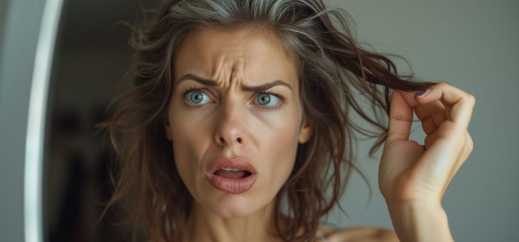 A woman with a shocked and annoyed expression looking in the mirror at her graying hair depicts physical changes in midlife