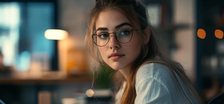 A kind looking young woman with glasses sitting at a desk at work