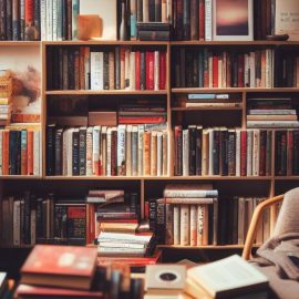 Stacks of books, a chair, and a shelf full of books