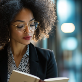 A business leader reading a book