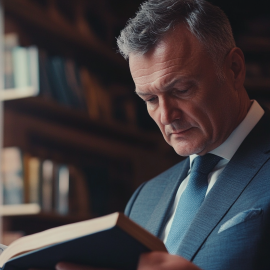 A business leader reading a book