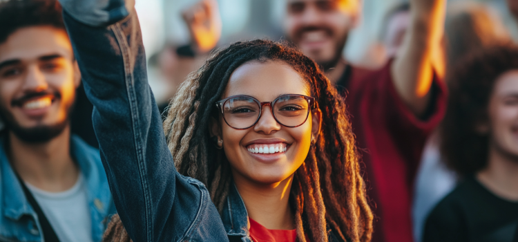 A smiling woman in a crowd during a demonstration illustrates social justice work combined with pleasure activism