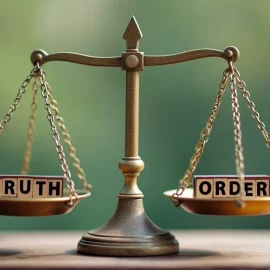 A scale with "TRUTH" on one side and "ORDER" on the other illustrates the implications of controlling the flow of information