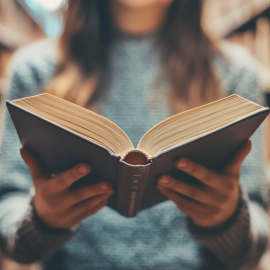 A woman holding an open book in an aisle of a library illustrates Pleasure Activism quotes from the book