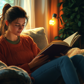 A woman reading a book in a chair