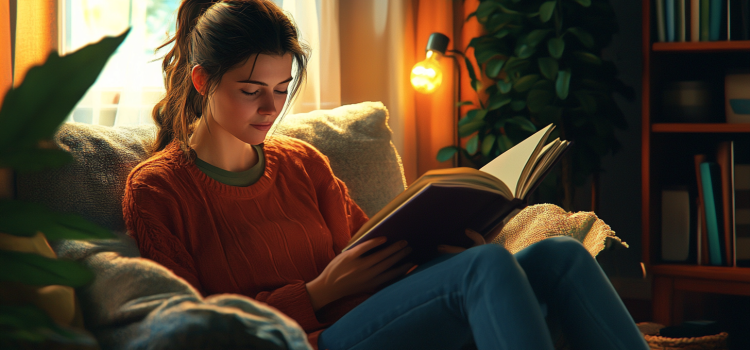 A woman reading a book in a chair