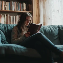 A young woman with curly brown hair sitting on a couch and reading a book with bookshelves and a window in the background