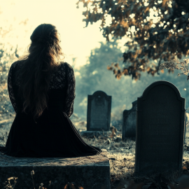 A woman sitting at a grave in a cemetery after losing her spouse to cancer