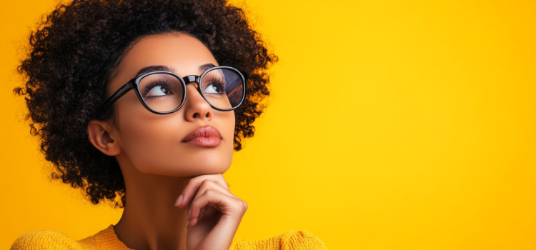 A woman thinking deeply while looking up with her hand under her chin illustrates the question "What's wrong with socialism?"