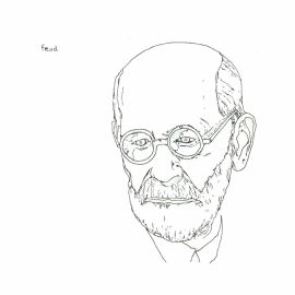 A black and white sketch of Sigmund Freud illustrates Freud's determinism philosophy