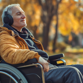 A man in a wheelchair listening to headphones outside, enjoying music as a form of medicine