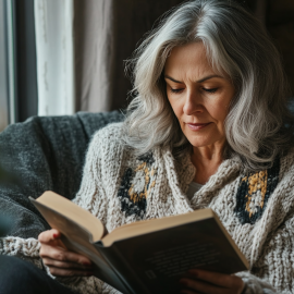 A woman with gray hair and a sweater in a cozy setting reading a book