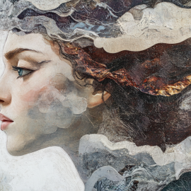 A painting of a woman's head with artistic swirls around it illustrates elements of consciousness
