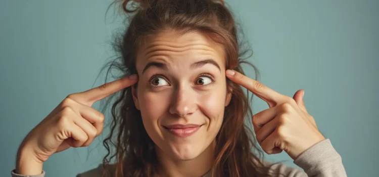 A woman smiling and pointing toward her head with both hands illustrates how to use your unconscious mind