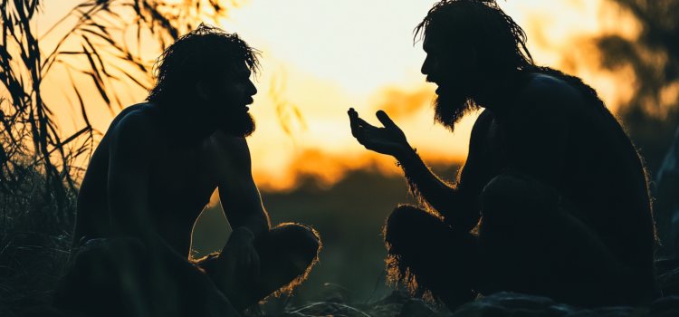 Two prehistoric men in silhouette having a conversation illustrates the question, "How did humans develop consciousness?"