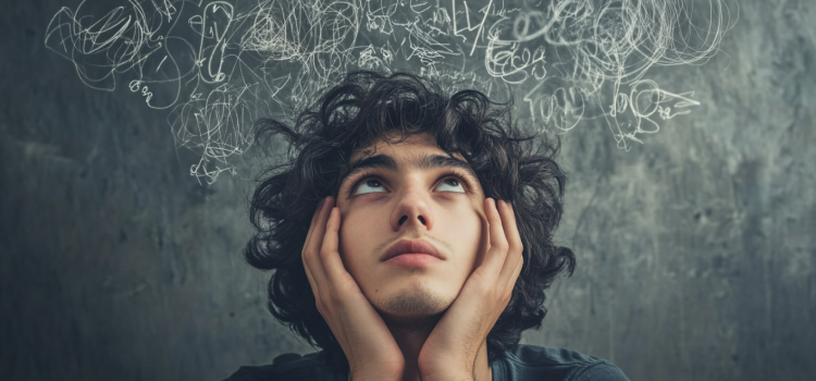 A man looking up with blackboard scribbles behind him illustrates the question, "What is the hard problem of consciousness?"