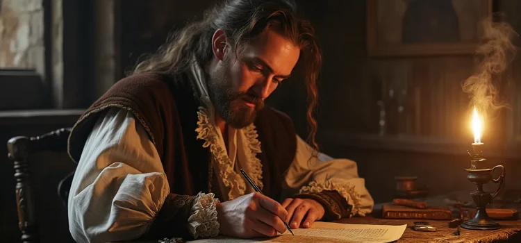 A man in the 17th century sitting at a desk and writing by the light of an oil lamp illustrates the history of lighting