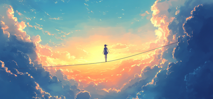 A woman walking on a tightrope in the sky to achieve a balance in life