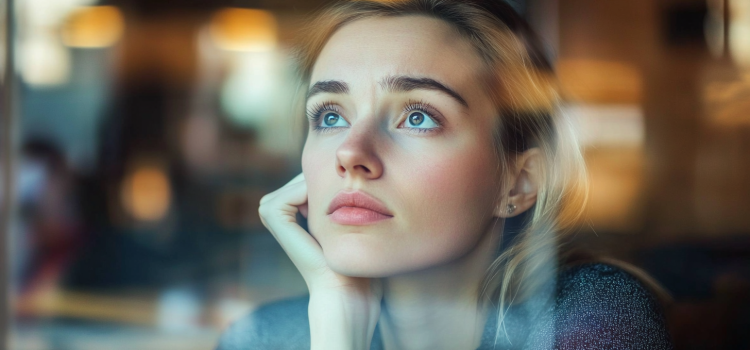 A woman finding it hard to focus and looking out the window during work