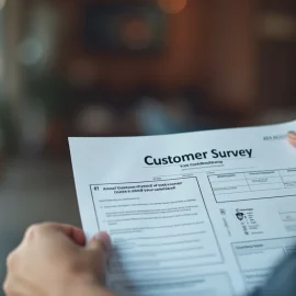 A person's hands holding a document titled "Customer Survey" illustrates customer needs analysis