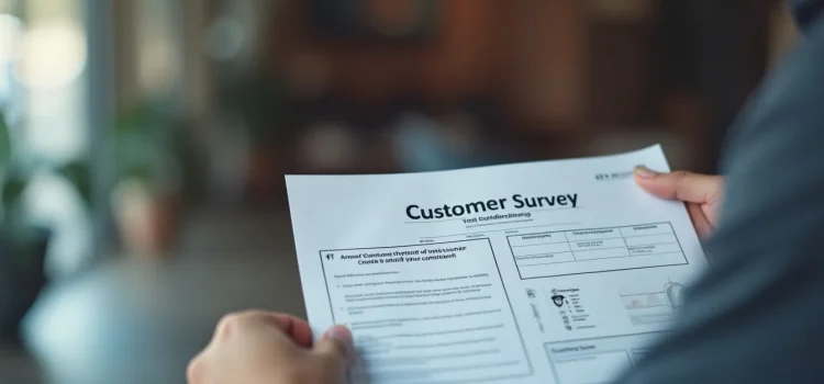As mãos de uma pessoa segurando um documento intitulado &quot;Pesquisa com clientes&quot; ilustram a análise das necessidades dos clientes