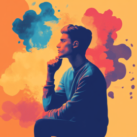 A colorful drawing of a man sitting and thinking illustrates the question, "What is mental contrasting?"