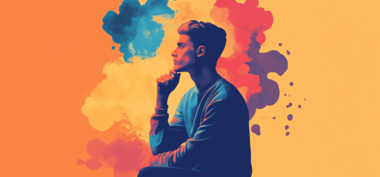 A colorful drawing of a man sitting and thinking illustrates the question, "What is mental contrasting?"