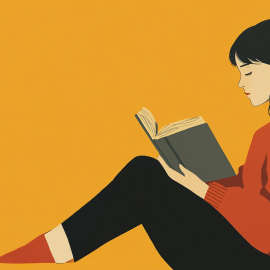 A drawing of a woman with dark hair and an orange sweater reading a book and sitting on the floor