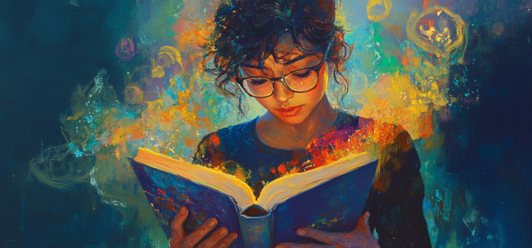 A painting of a woman reading a book with colorful swirls emanating from the book illustrates why reading is beneficial