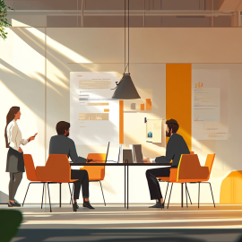 A drawing of a team meeting in an open workspace illustrates project resources