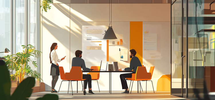 Un dibujo de una reunión de equipo en un espacio de trabajo abierto ilustra los recursos del proyecto