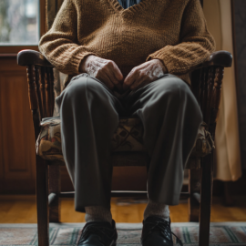 An elderly man sitting in a rocking chair, pondering the question of why we age