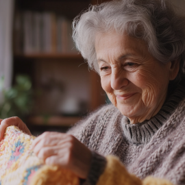 An elderly woman looking at a blanket that she knitted, representing lifelong creativity