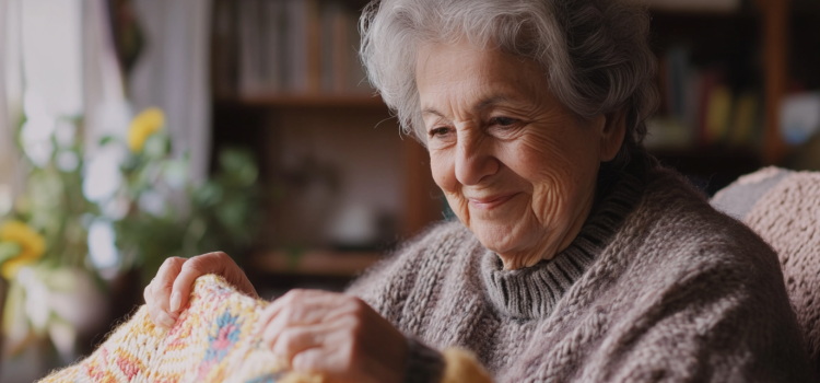 An elderly woman looking at a blanket that she knitted, representing lifelong creativity