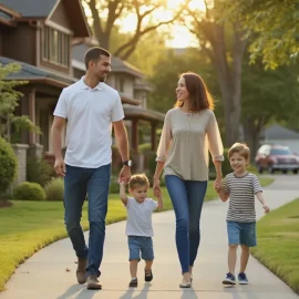 A dad, mom, and two children walking on the sidewalk in a neighborhood illustrates parents' decision-making