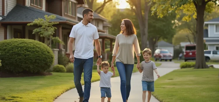 A dad, mom, and two children walking on the sidewalk in a neighborhood illustrates parents' decision-making