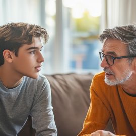A teenage boy and a father or father figure sitting on a couch and having a serious conversation illustrates your role models